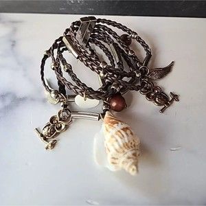 Braided Faux Leather Shell And Bird Charm Bracelet, Magnetic Closure